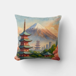 Coussin Paysage urbain de Tokyo Japon aquarelle souvenir