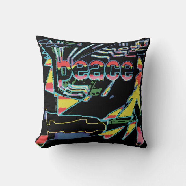 Coussin "Peace" Art Graphique Rouge Jaune Aqua Rose sur No (Recto)