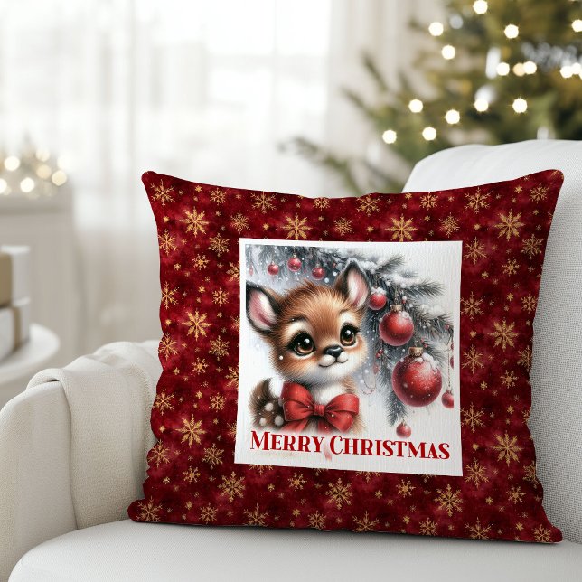 Coussin Peaceful Baby Deer Watercolor Snowy Gift Christmas (Peaceful Baby Deer Watercolor Snowy Gift Christmas pillow)
