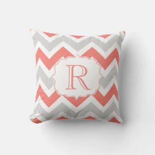Coussin Peach Coral Grey Blanc Chevron Motif Monogramme
