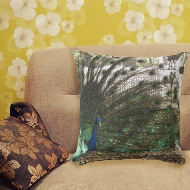 Coussin Peacock Bird Plumage et Albino Peahen Photographie (A throw pillow with a photograph of a peacock bird and an albino peahen.)