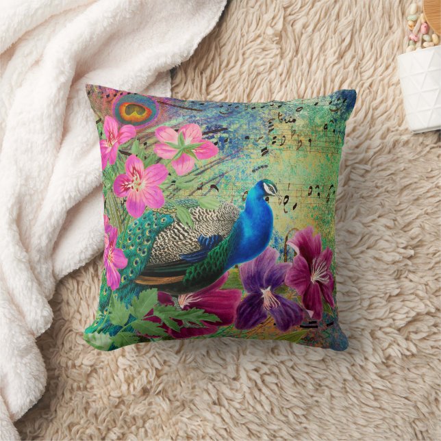 Coussin Peacock Élégant bleu rose Fleurs vert (Couverture)