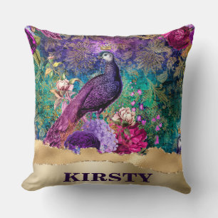 Coussin Peacock et Grunge de fleurs vintage illustré