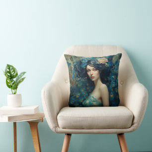 Coussin Peacock Feather Beather : Femme en Turquoise et bl