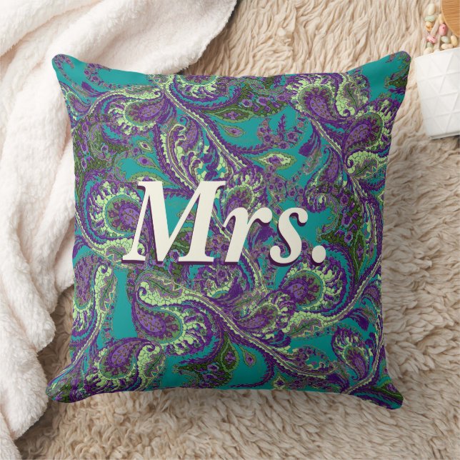 Coussin Peacock Paisley Mariées violettes et vertes (Couverture)