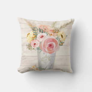 Coussin Pêche Aquarelle Bouquet Floral Pampas Bois d'herbe