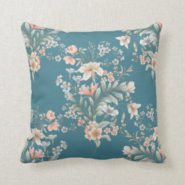 Coussin Pêche, bleu, crème Bouquet géant sur Turquoise
