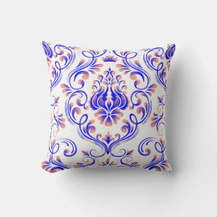 Coussin Pêche bleue et blanc Damas motif floral élégant