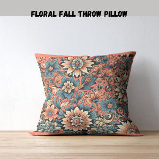 Coussin Pêche d'automne florale et fleur bleue