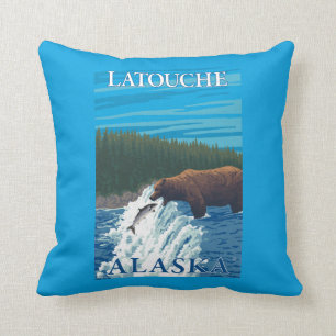 Coussin Pêche d'ours en rivière - Latouche, Alaska
