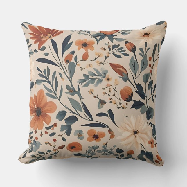 Coussin Pêcher Brûlé Orange Marine Dusty Bleu Floral (Recto)
