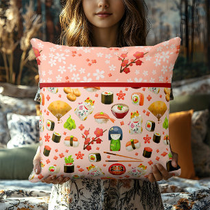Coussin Pêcher le Sushi rose avec Geisha Girls et Chopstic