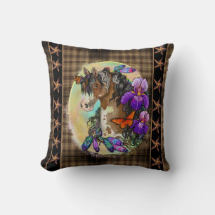 Coussin Peindre Cheval Mustang avec Iris et papillons