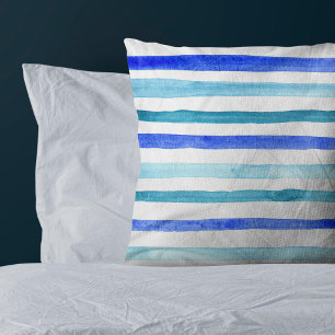 Coussin Peint à la main bleu rayé aquarelle