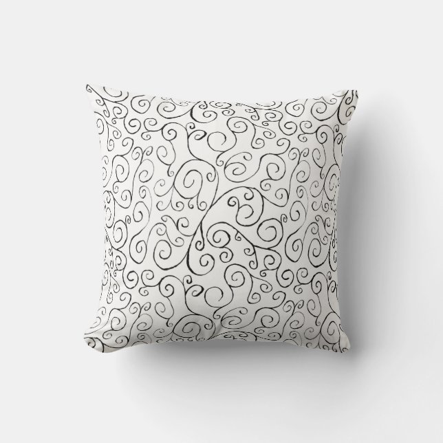 Coussin Peint à la main Motif de courbe noire sur blanc (Recto)