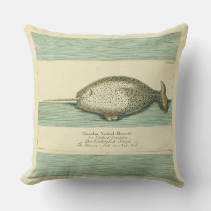 Coussin Peinture à l'aquarelle de baleine ancienne Narwhal