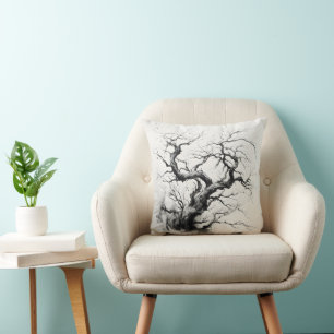 Coussin Peinture à l'encre d'arbre sombre