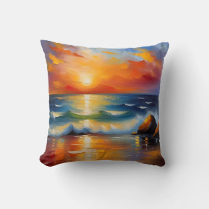 Coussin Peinture à l'huile de couché de soleil orange sur 