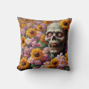 Coussin Peinture à l'huile de Zombie dans le champ de fleu