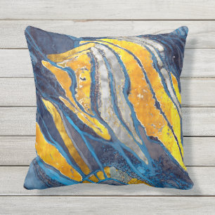 Coussin peinture Abstraite, rayures, or, argent, bleu