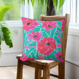 Coussin Peinture Anémonique Motif rose & Aqua Floral