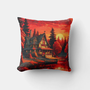 Coussin Peinture coucher de soleil avec chalet et lac-6663