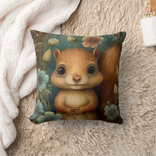 Coussin Peinture de fleurs bleues de bébé écureuil mignon