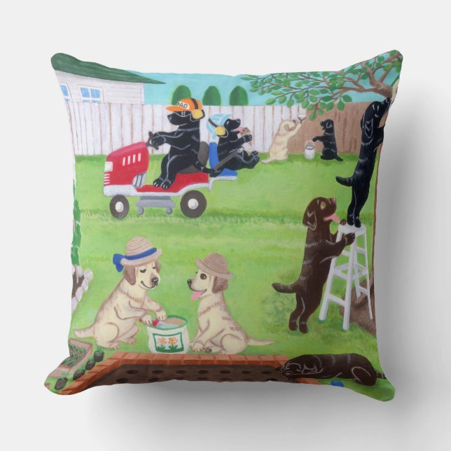Coussin Peinture de Labradors d'amusement de dimanche (Recto)