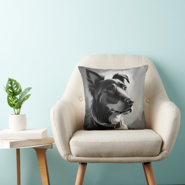 Coussin Peinture de portrait de chien noir et argent (Chaise)