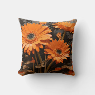 Coussin Peinture Orange Gerbera Fleurs