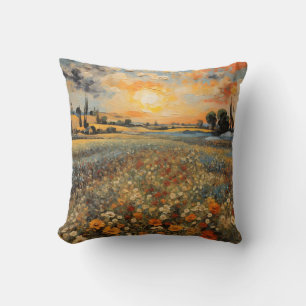 Coussin Peinture Paysage Coucher de soleil Champ de fleurs