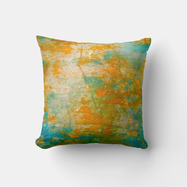 Coussin Peinture rustique orange et bleue abstraite (Recto)