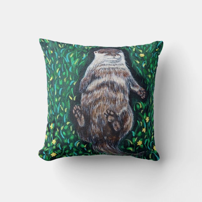 Coussin Peinture sur la loutre de rivière relaxante (Recto)