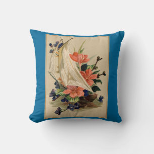 Coussin Peinture vintage - Fleurs dans un voilier.