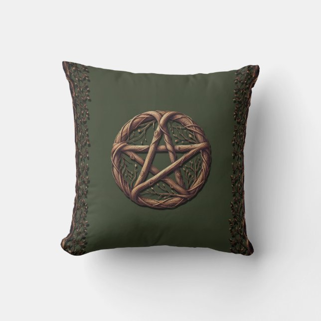Coussin Pentacle bois brindilles Olive Green Wiccan (Recto)