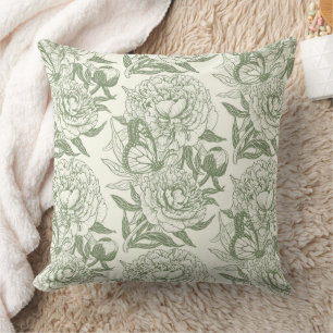 Coussin Peoné et papillons bloc impression, sauge vert et