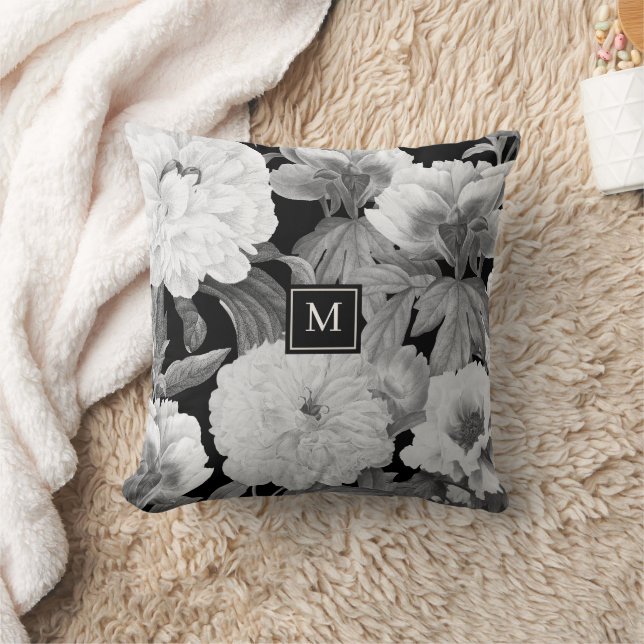 Coussin Peonies noires et blanches Aquarelle Monogramme fl (Couverture)