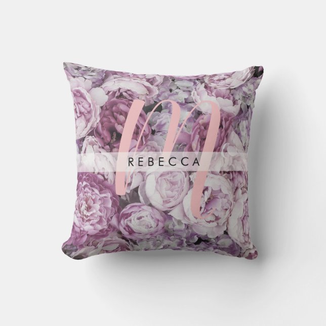 Coussin Peony Rose Roses Floral Monogramme Nom (Recto)