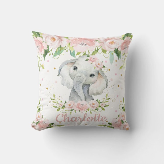 Coussin Pépinière d'éléphantes douces à fleurs roses (Recto)