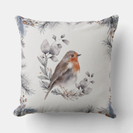 Coussin Perchoir d'oiseau d'hiver peint à l'aquarelle sur