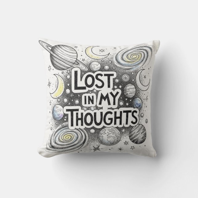 Coussin Perdu Dans Mes pensées" Whimsical Space Doodle T-S (Recto)