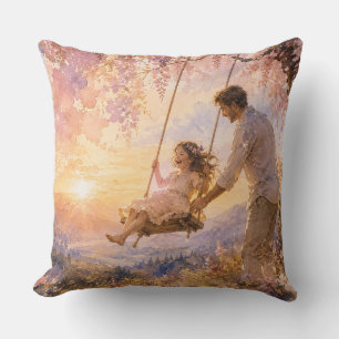 Coussin Père et fille sur une balançoire, aquarelle de lux