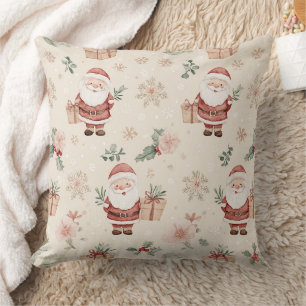 Coussin Père Noël à l'aquarelle rose avec flocons de neige