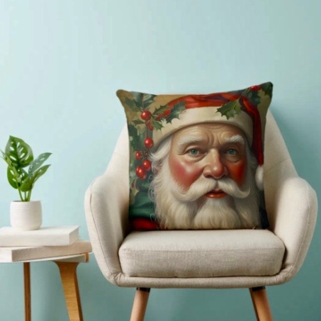 Coussin Père Noël avec gui (Throw Pillow 100% polyester heavyweight stretch material. Hidden zipper Made in the USA.)