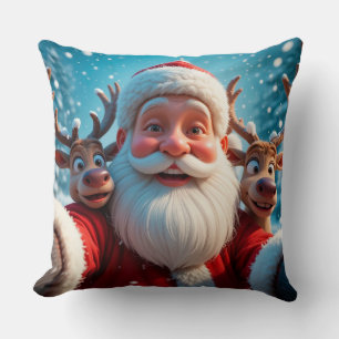 Coussin Père Noël avec rennes célébrant Noël