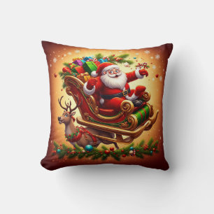 Coussin Père Noël conduisant un traîneau avec un renne