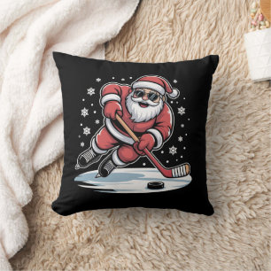 Coussin Père Noël de Noël drôle jouant au hockey sur glace