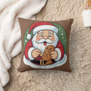 Coussin Père Noël drôle tenant un biscuit de Noël festif