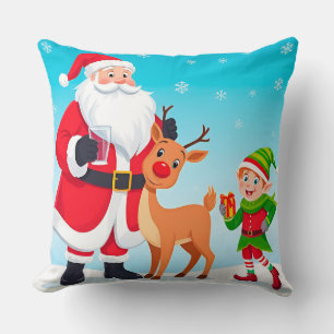 Coussin Père Noël, Elfe et Renne dans un Noël Festif