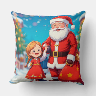 Coussin Père Noël et fille avec un sac de cadeaux